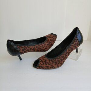 Vintage Y2K  Leopard Peep-Toe Kitten Heel Pumps With Crocodile Trim Sz 8.5